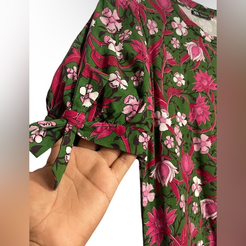 Zara blouse floral tie sleeve color:green/pink Size:S - Picture 4 of 8